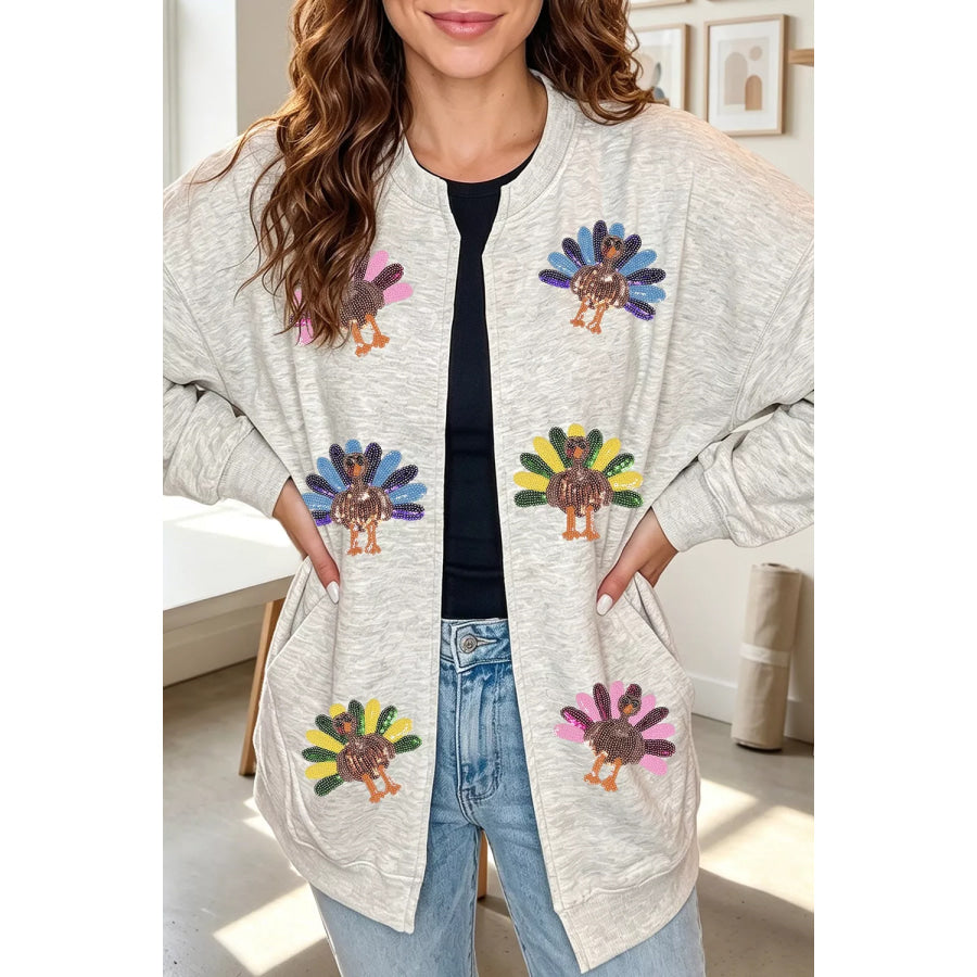 Sequin Turkey Graphic Relaxed Open Front Sweatshirt Apparel and Accessories