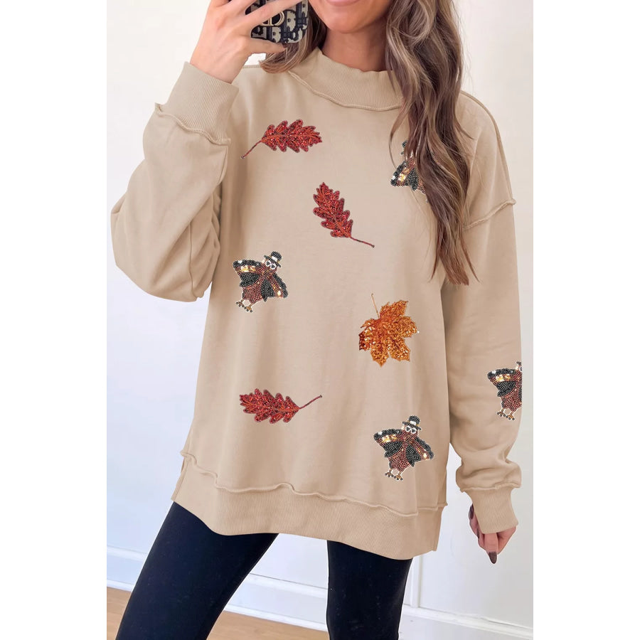 Sequin Turkey Leaf Graphic Exposed Seam Mock Neck Sweatshirt Apparel and Accessories