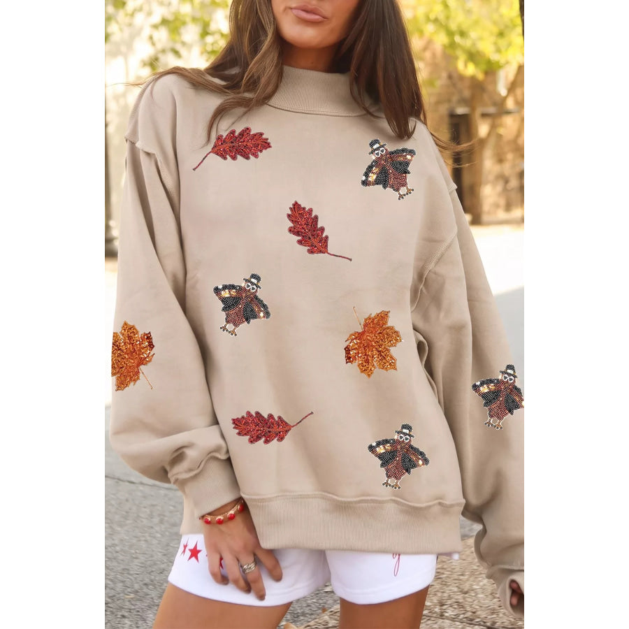 Sequin Turkey Leaf Graphic Exposed Seam Mock Neck Sweatshirt Khaki / S Apparel and Accessories
