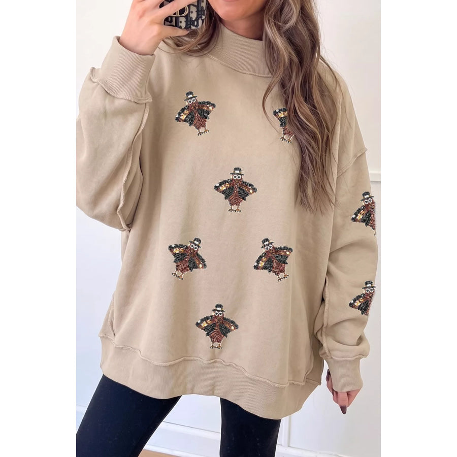 Sequin Turkey Mock Neck Exposed Seam Pullover Sweatshirt Apparel and Accessories