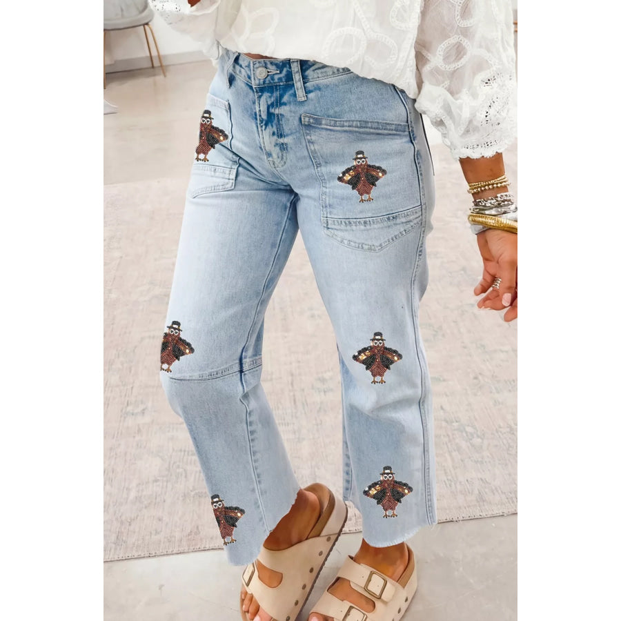 Sequin Turkey Patch Pocket Raw Hem Ankle Length Jeans Apparel and Accessories