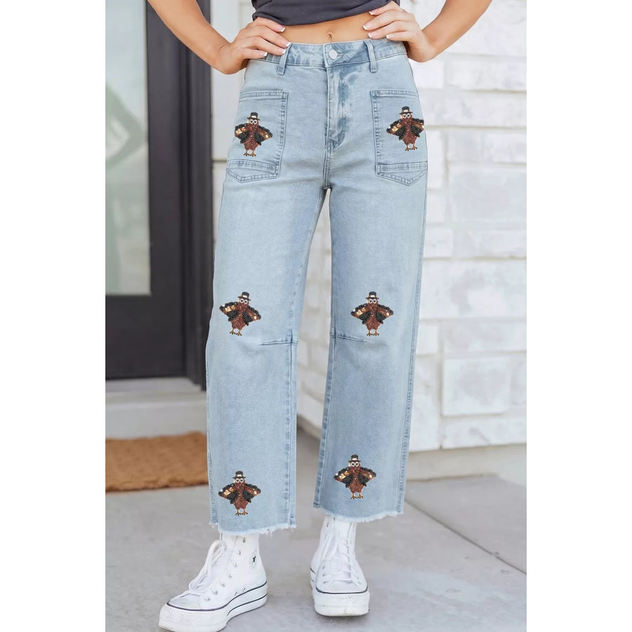 Sequin Turkey Patch Pocket Raw Hem Ankle Length Jeans Apparel and Accessories