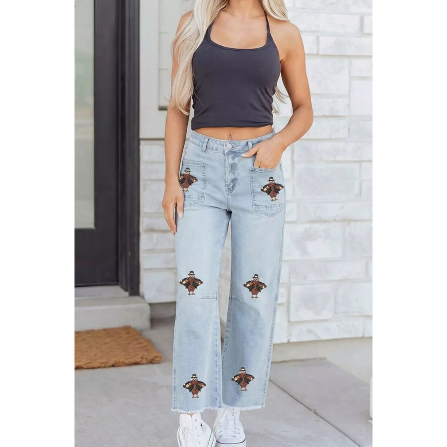 Sequin Turkey Patch Pocket Raw Hem Ankle Length Jeans Apparel and Accessories