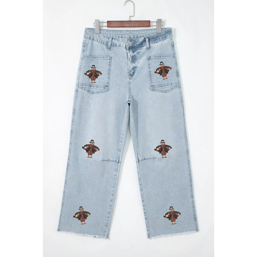 Sequin Turkey Patch Pocket Raw Hem Ankle Length Jeans Apparel and Accessories