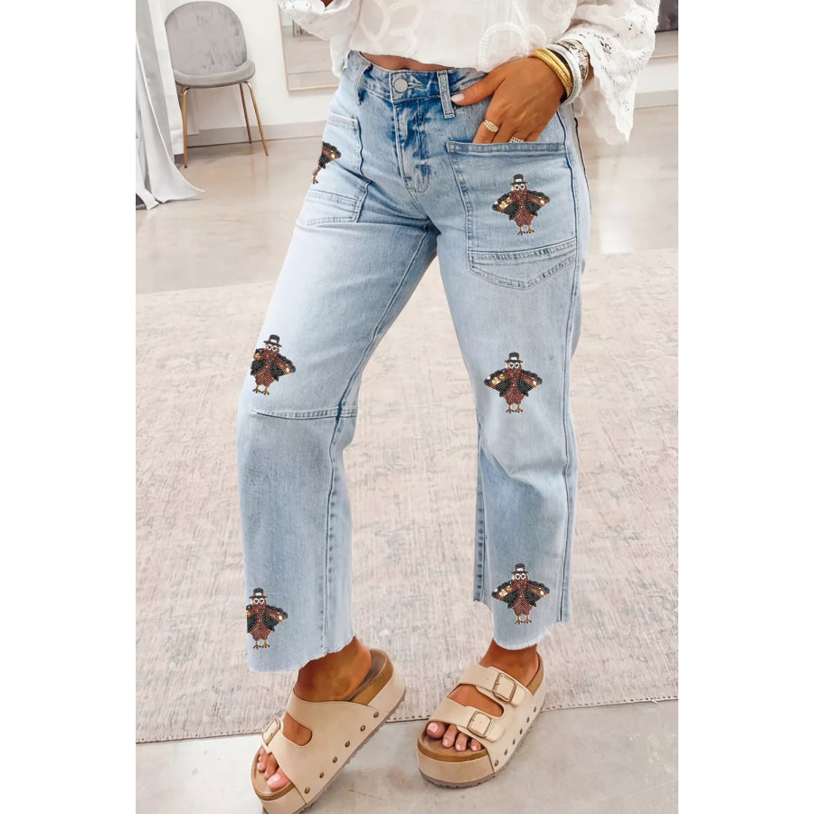 Sequin Turkey Patch Pocket Raw Hem Ankle Length Jeans Light Blue / 4 Apparel and Accessories