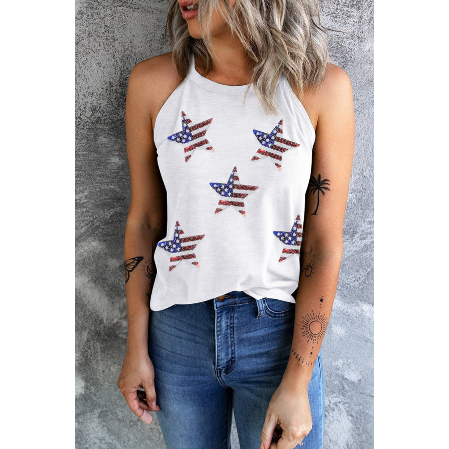 Sequin US Flag Star Grecian Neck Tank White / S Apparel and Accessories