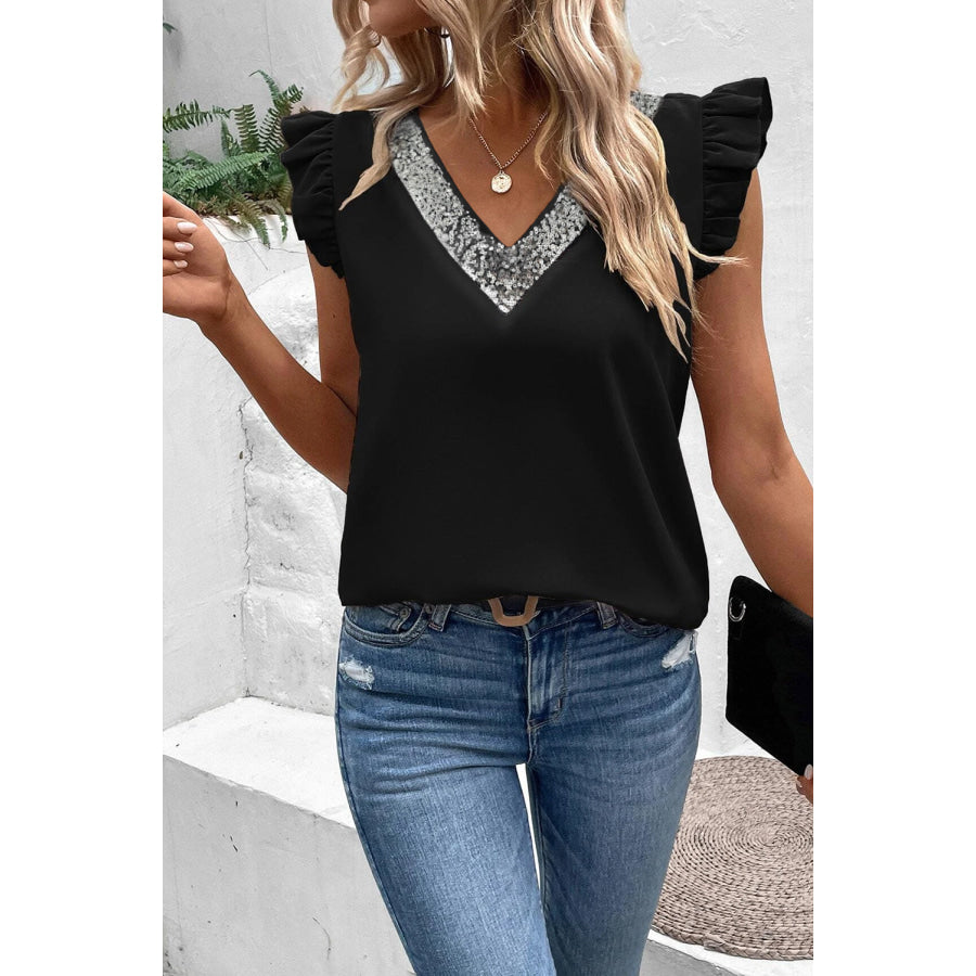 Sequin V - Neck Cap Sleeve Blouse Apparel and Accessories