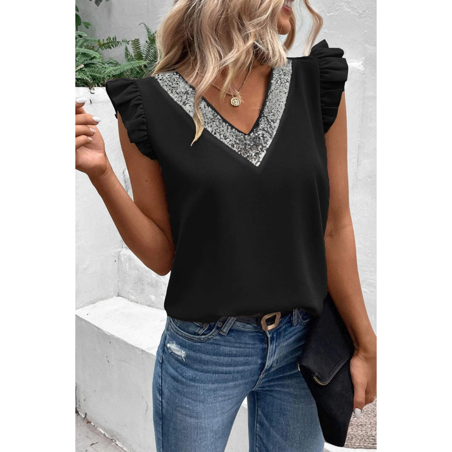 Sequin V - Neck Cap Sleeve Blouse Black / S Apparel and Accessories