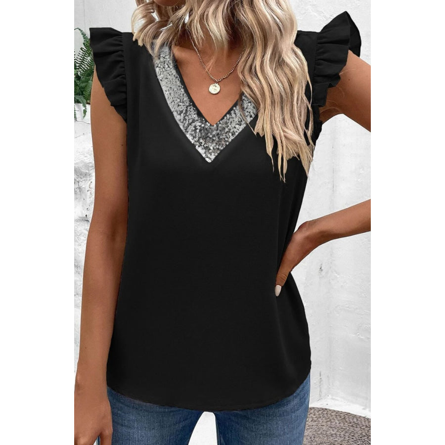 Sequin V - Neck Cap Sleeve Blouse Black / S Apparel and Accessories