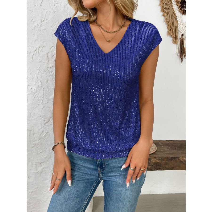 Sequin V-Neck Cap Sleeve Top Apparel and Accessories