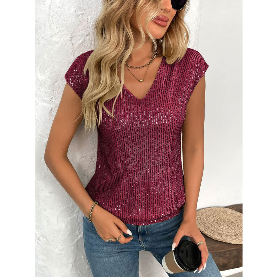 Sequin V-Neck Cap Sleeve Top Apparel and Accessories