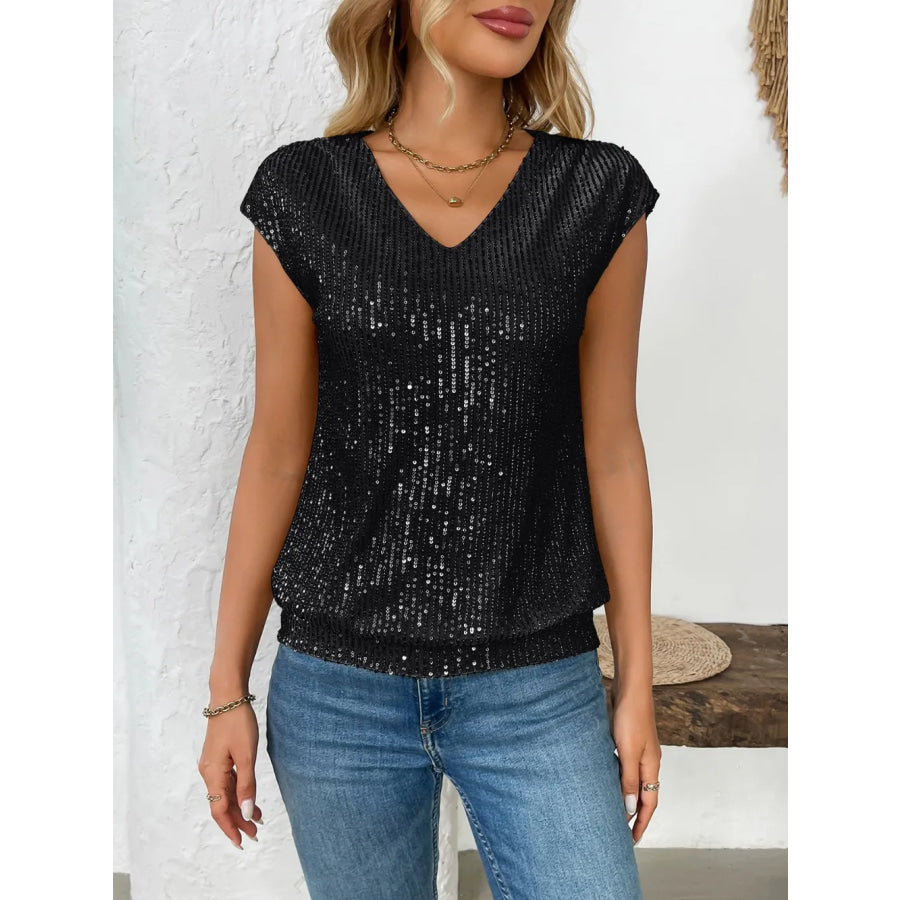 Sequin V-Neck Cap Sleeve Top Apparel and Accessories