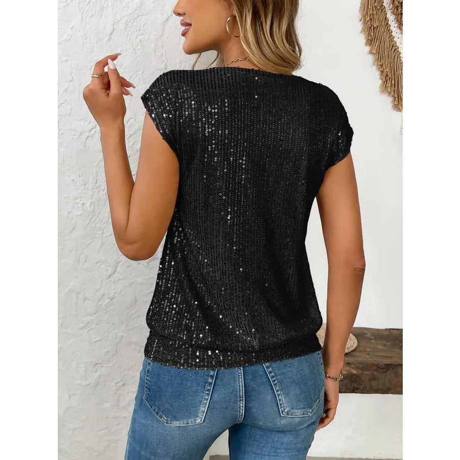 Sequin V-Neck Cap Sleeve Top Apparel and Accessories