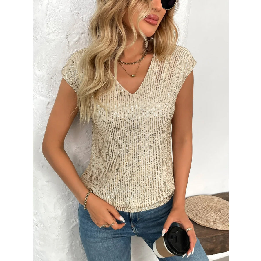 Sequin V-Neck Cap Sleeve Top Apparel and Accessories