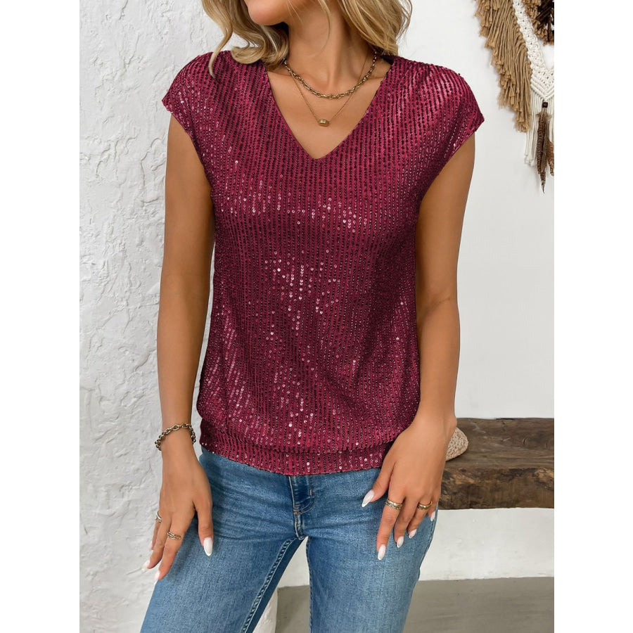 Sequin V-Neck Cap Sleeve Top Apparel and Accessories