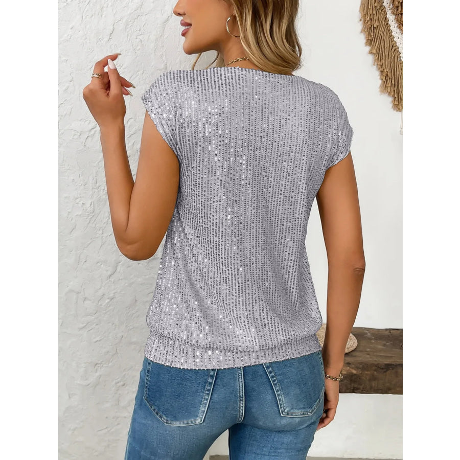 Sequin V-Neck Cap Sleeve Top Apparel and Accessories