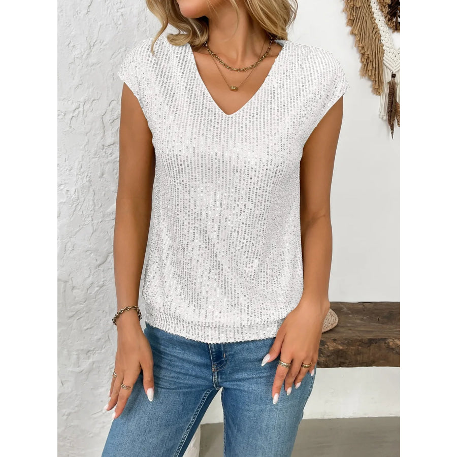 Sequin V-Neck Cap Sleeve Top Apparel and Accessories