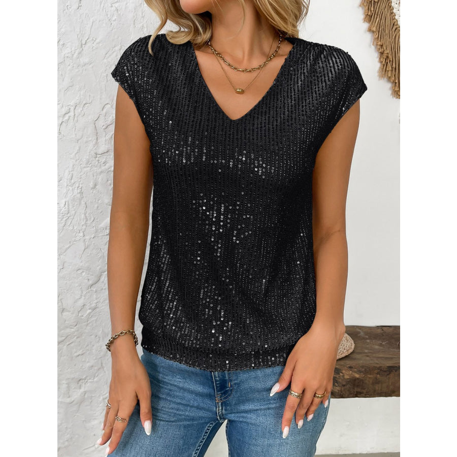 Sequin V-Neck Cap Sleeve Top Apparel and Accessories