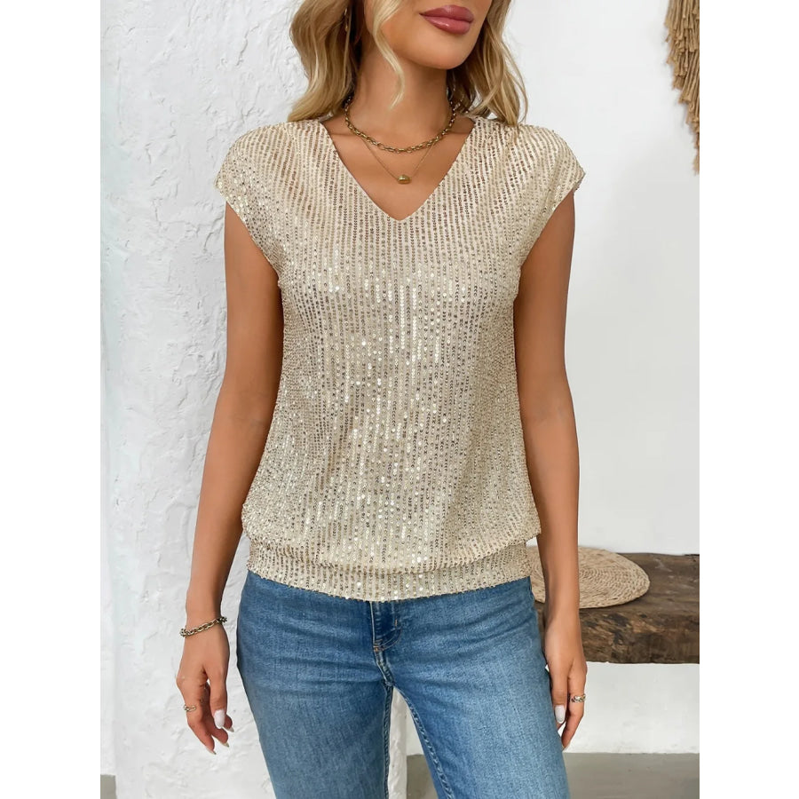 Sequin V-Neck Cap Sleeve Top Apparel and Accessories