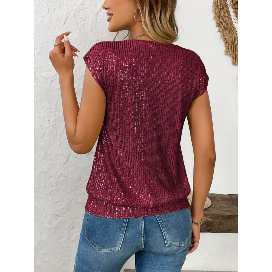 Sequin V-Neck Cap Sleeve Top Burgundy / S Apparel and Accessories