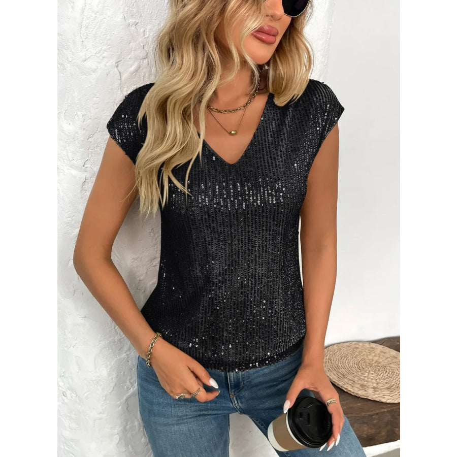 Sequin V-Neck Cap Sleeve Top Apparel and Accessories