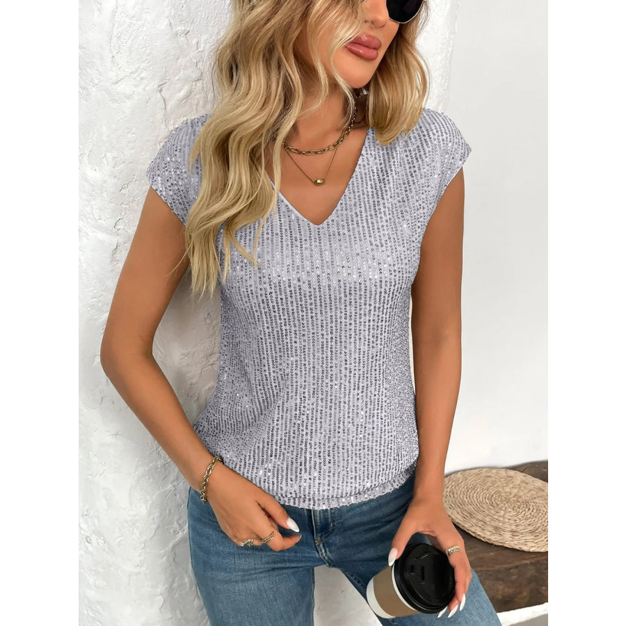 Sequin V-Neck Cap Sleeve Top Apparel and Accessories