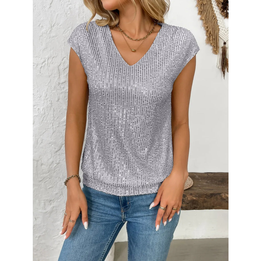Sequin V-Neck Cap Sleeve Top Apparel and Accessories