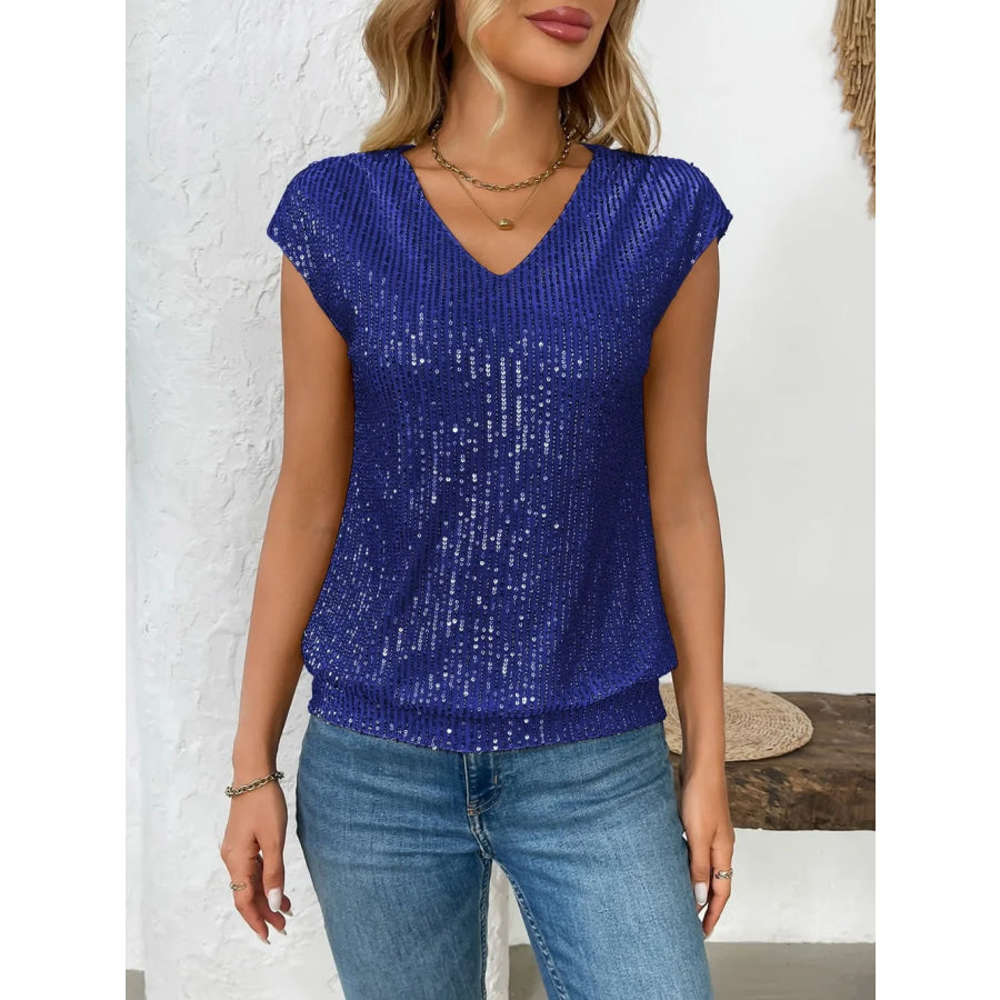 Sequin V-Neck Cap Sleeve Top Apparel and Accessories
