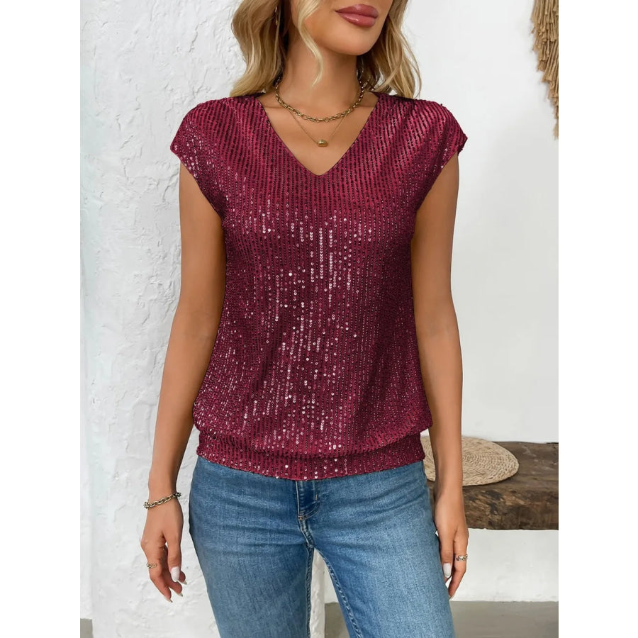 Sequin V-Neck Cap Sleeve Top Apparel and Accessories
