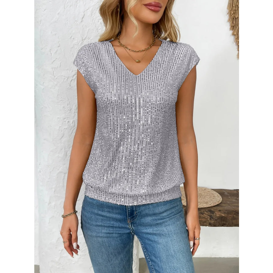 Sequin V-Neck Cap Sleeve Top Apparel and Accessories