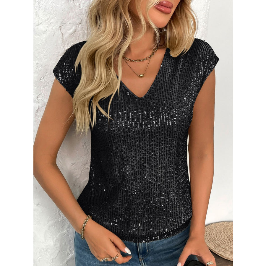 Sequin V-Neck Cap Sleeve Top Apparel and Accessories