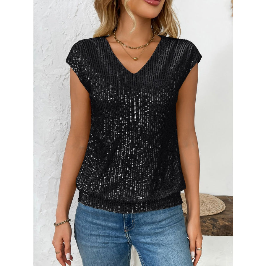 Sequin V-Neck Cap Sleeve Top Black / S Apparel and Accessories