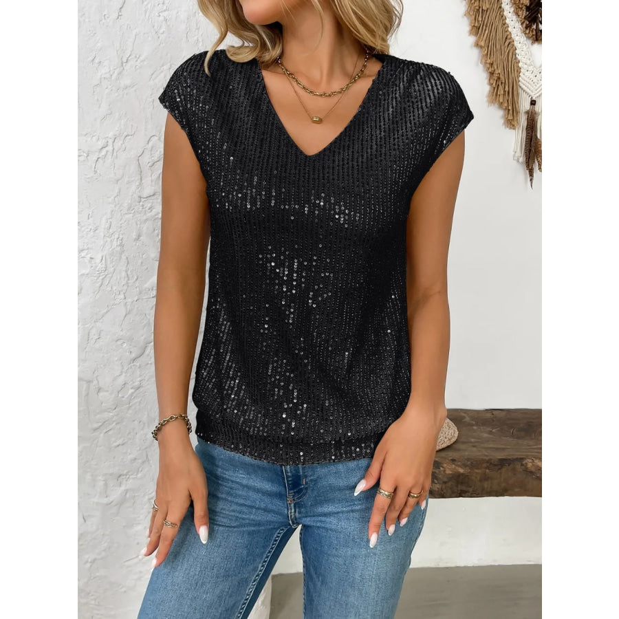 Sequin V-Neck Cap Sleeve Top Black / S Apparel and Accessories
