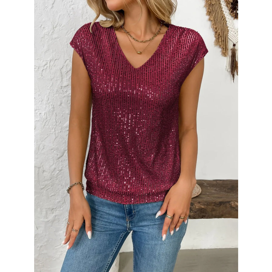 Sequin V-Neck Cap Sleeve Top Burgundy / S Apparel and Accessories
