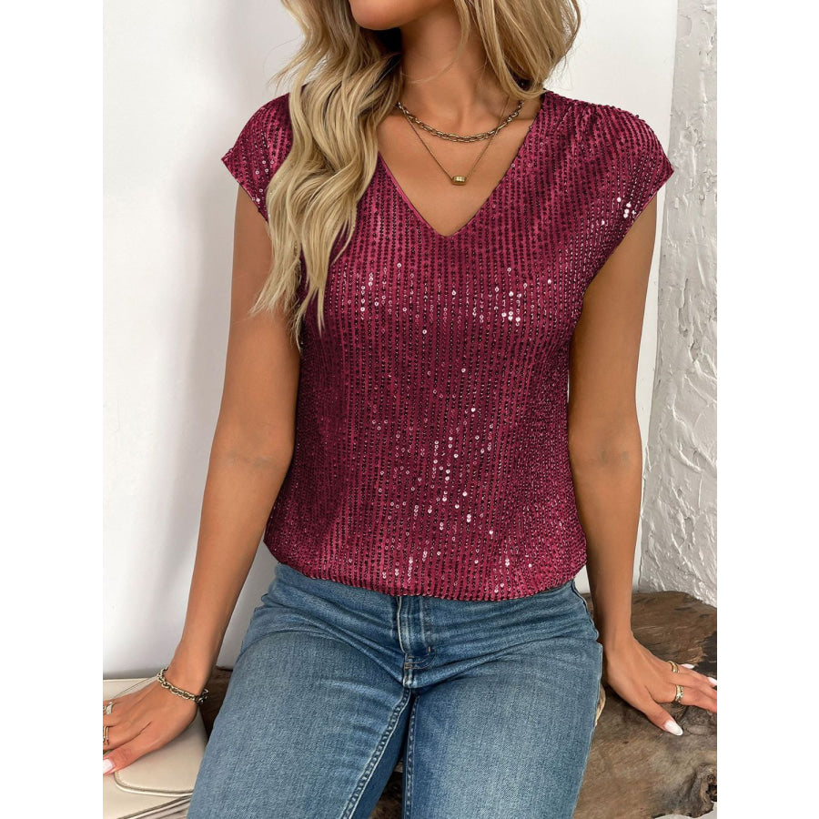 Sequin V-Neck Cap Sleeve Top Burgundy / S Apparel and Accessories