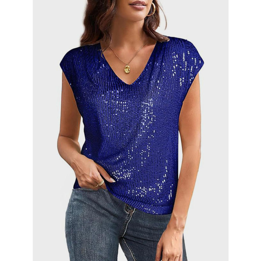 Sequin V-Neck Cap Sleeve Top Royal Blue / S Apparel and Accessories