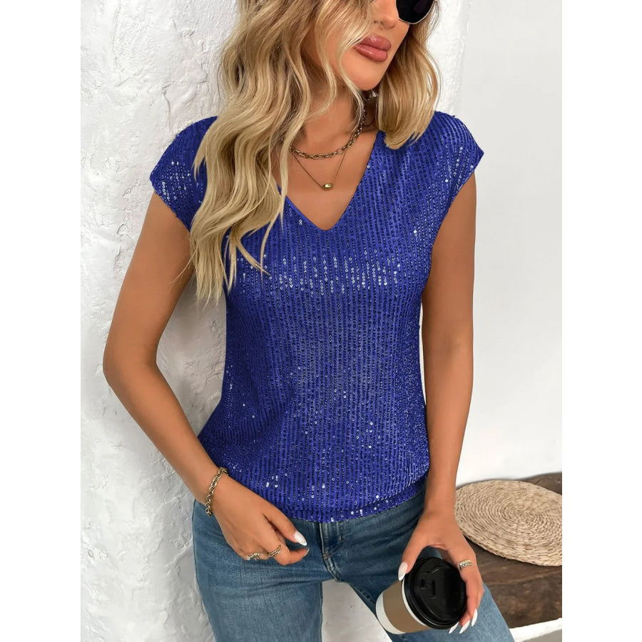 Sequin V-Neck Cap Sleeve Top Royal Blue / S Apparel and Accessories