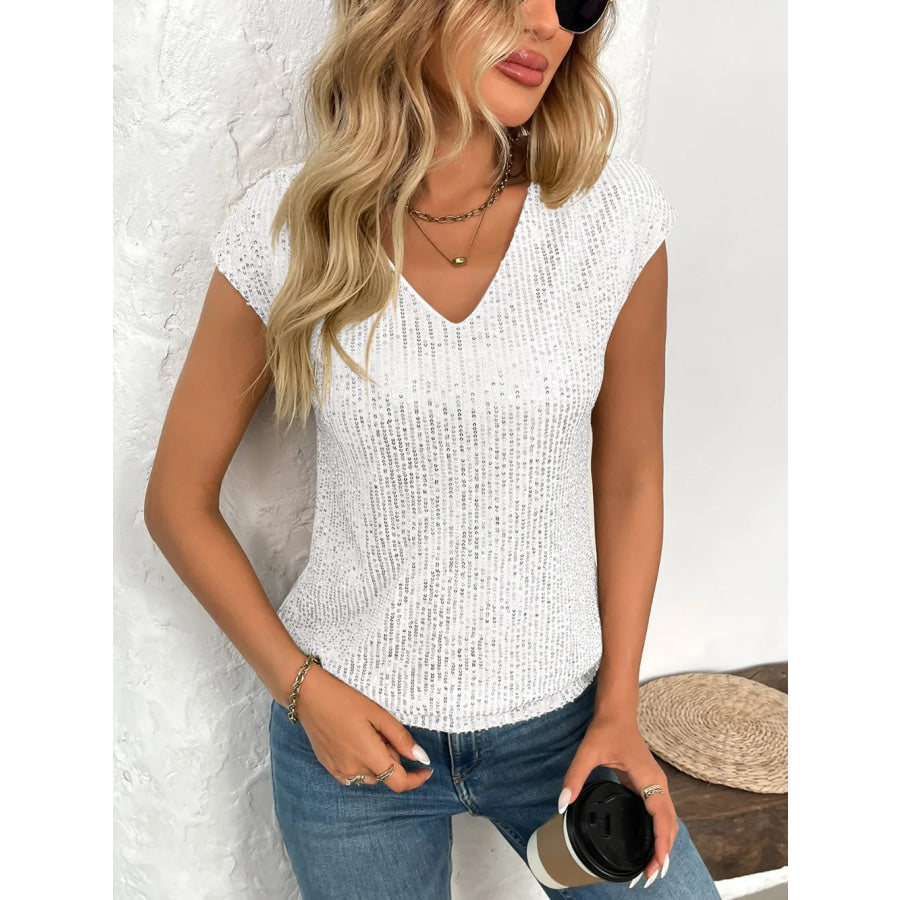 Sequin V-Neck Cap Sleeve Top White / S Apparel and Accessories