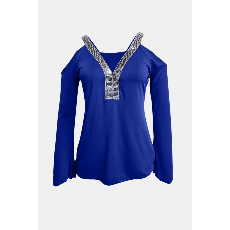 Sequin V-Neck Cold Shoulder Top Apparel and Accessories