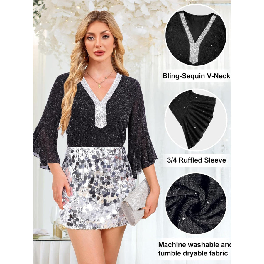 Sequin V-Neck Flounce Sleeve Blouse Apparel and Accessories