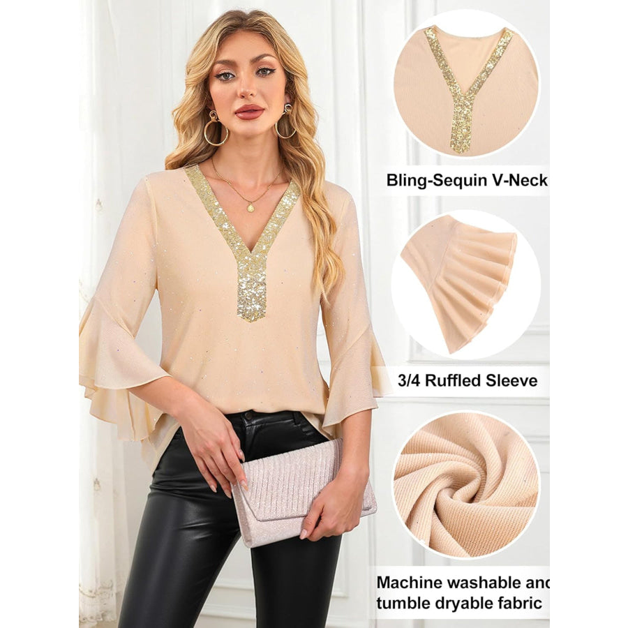 Sequin V-Neck Flounce Sleeve Blouse Apparel and Accessories