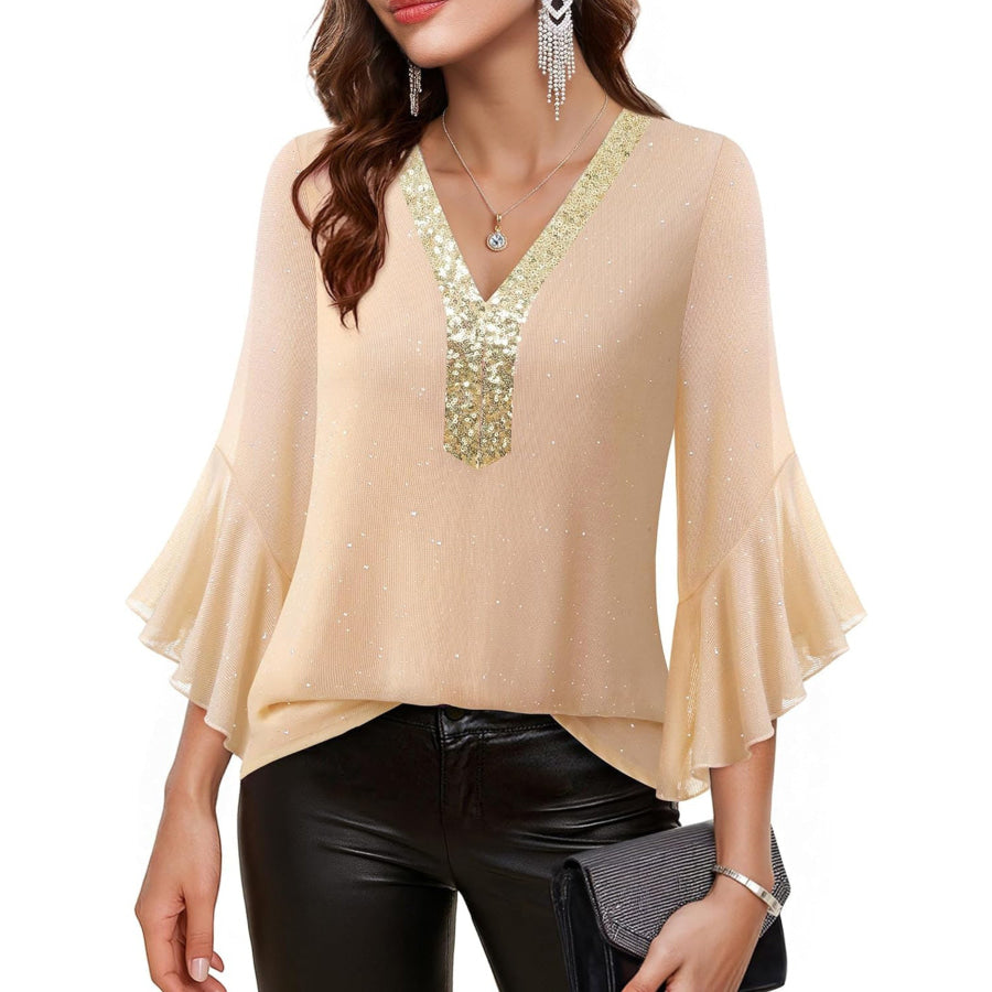 Sequin V-Neck Flounce Sleeve Blouse Apparel and Accessories