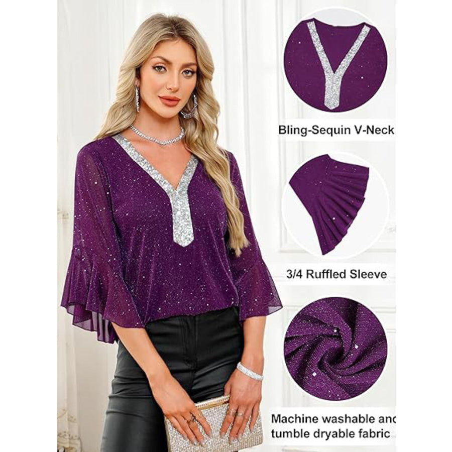 Sequin V-Neck Flounce Sleeve Blouse Apparel and Accessories