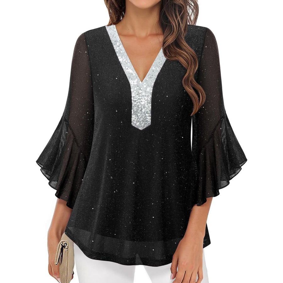 Sequin V-Neck Flounce Sleeve Blouse Apparel and Accessories