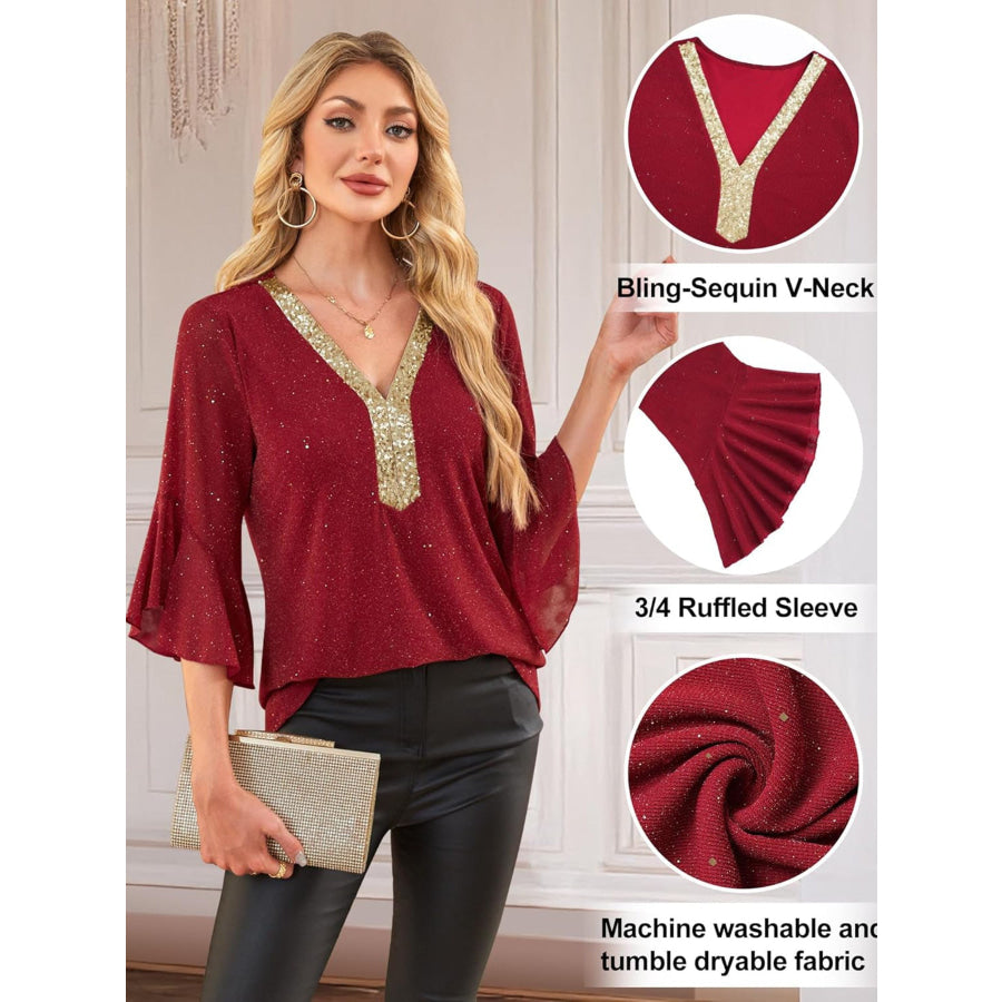 Sequin V-Neck Flounce Sleeve Blouse Apparel and Accessories
