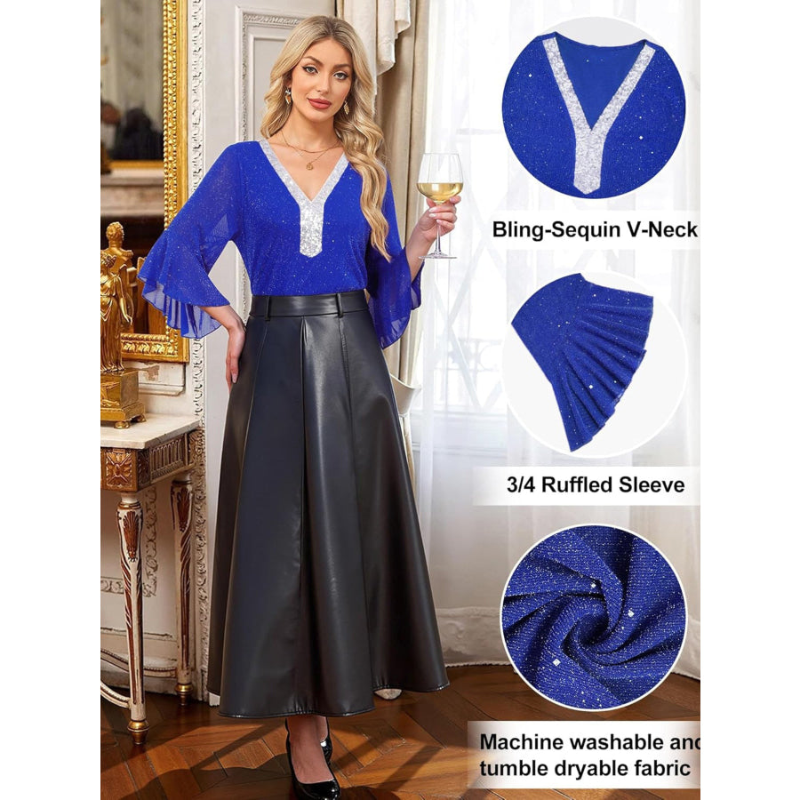 Sequin V-Neck Flounce Sleeve Blouse Apparel and Accessories