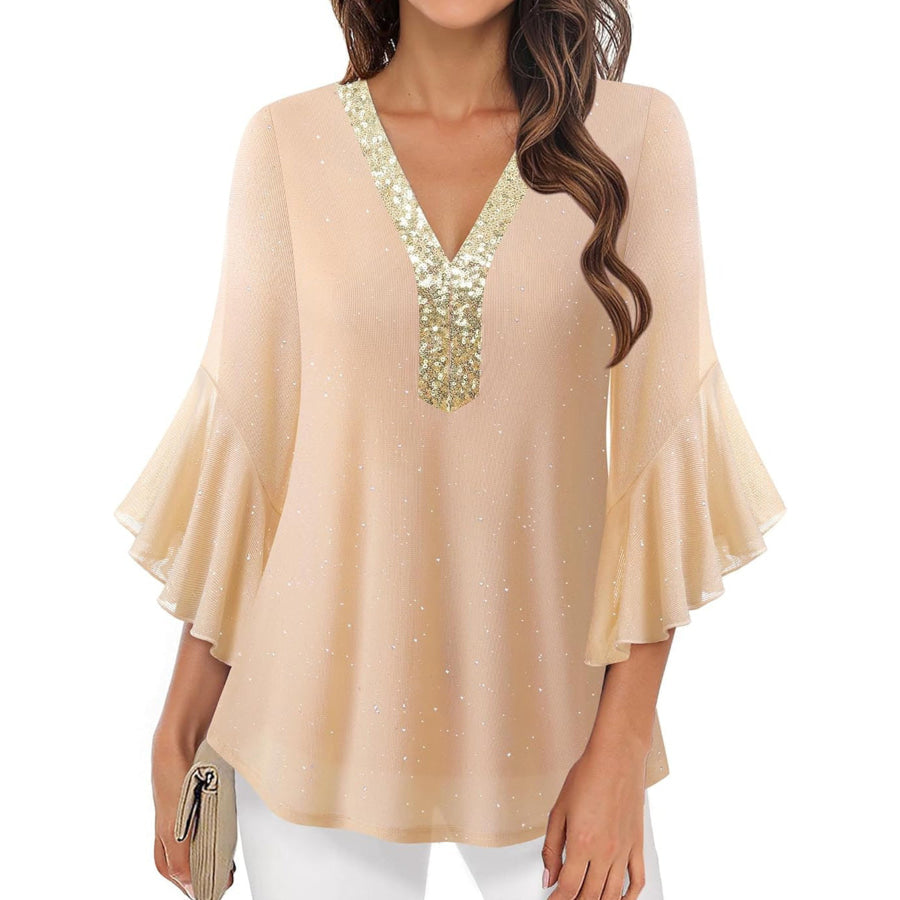Sequin V-Neck Flounce Sleeve Blouse Apparel and Accessories