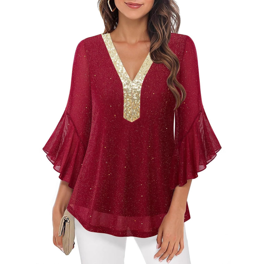 Sequin V-Neck Flounce Sleeve Blouse Apparel and Accessories