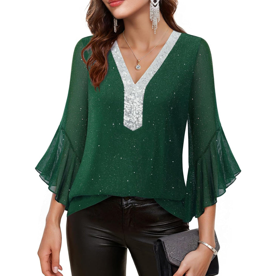 Sequin V-Neck Flounce Sleeve Blouse Apparel and Accessories