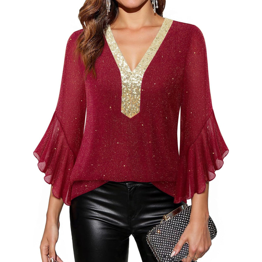 Sequin V-Neck Flounce Sleeve Blouse Red / S Apparel and Accessories